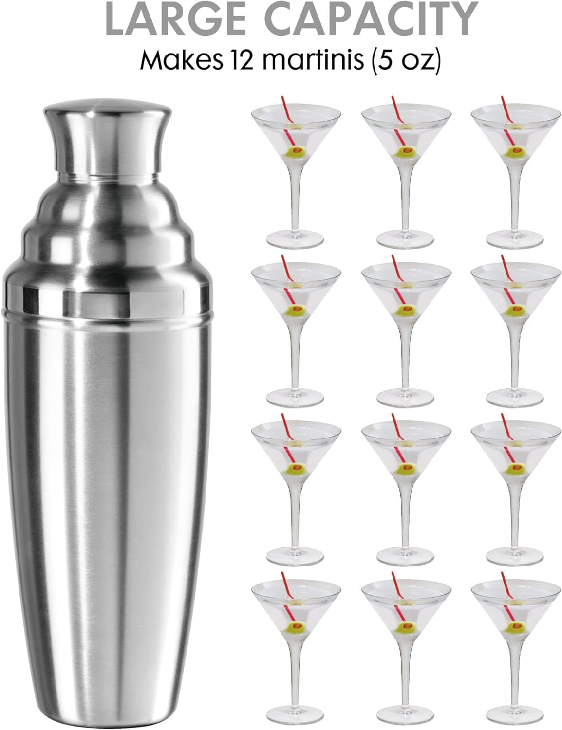 Jumbo Cocktail Shaker 60 Oz - Stainless Steel Construction, Built in Strainer 