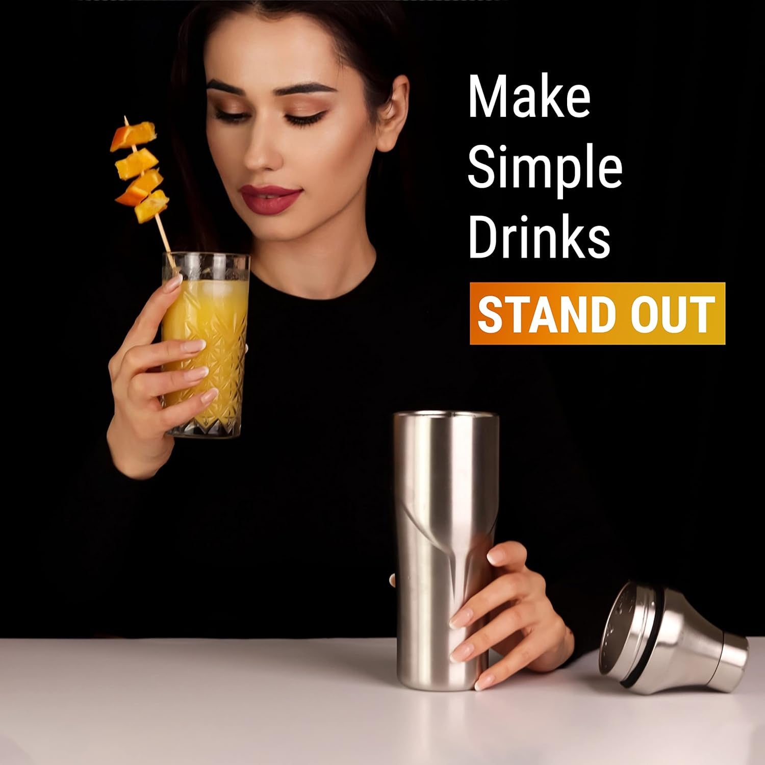 24 oz. Cocktail Shaker - Insulated Double Wall Keep Drink Chilled - No Stuck Twist Lid, Leakproof and Built-In Strainer
