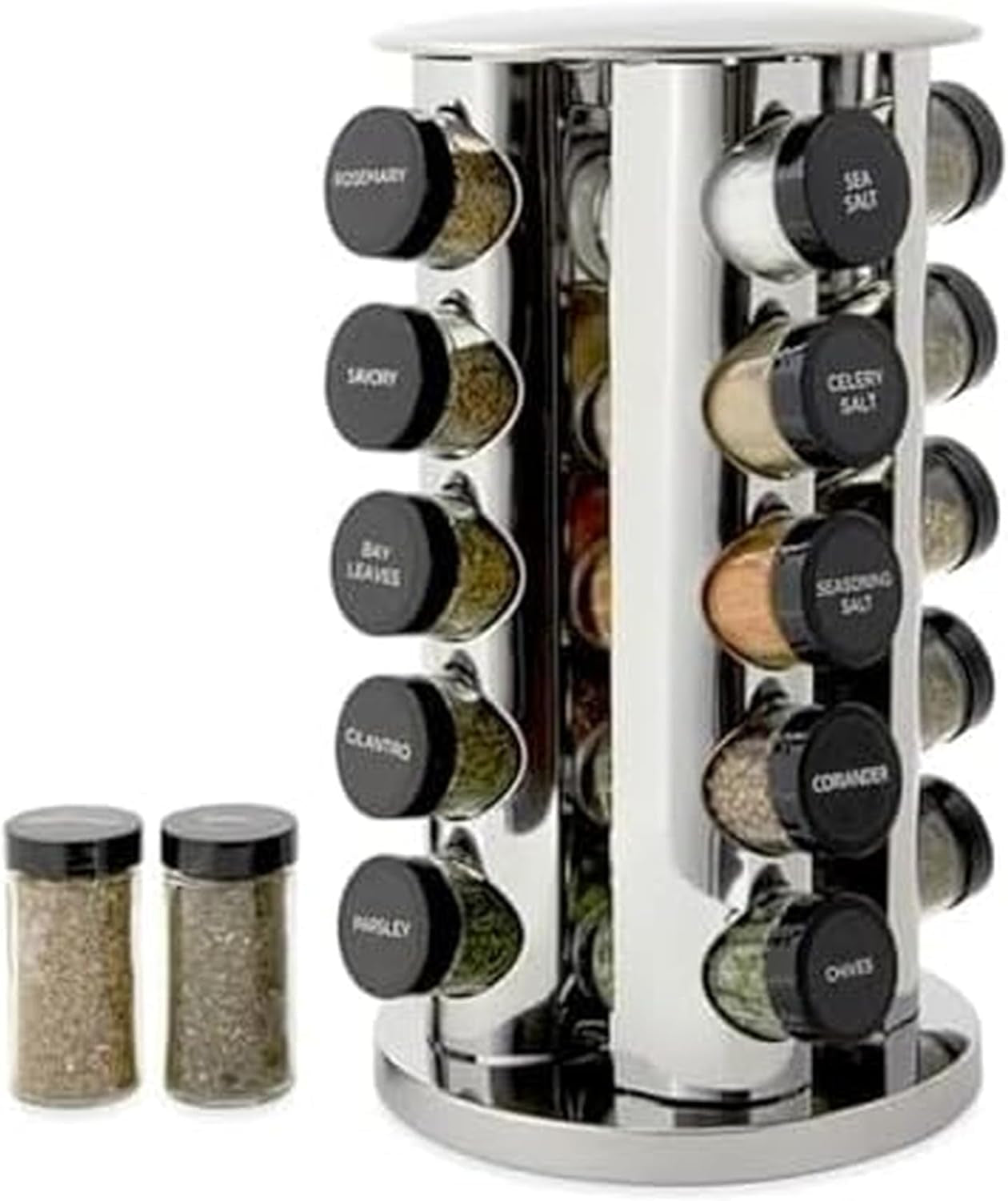 20 Jar Revolving Countertop Spice Rack with Spices Included, FREE Spice Refills for 5 Years, Polished Stainless Steel with Black Caps