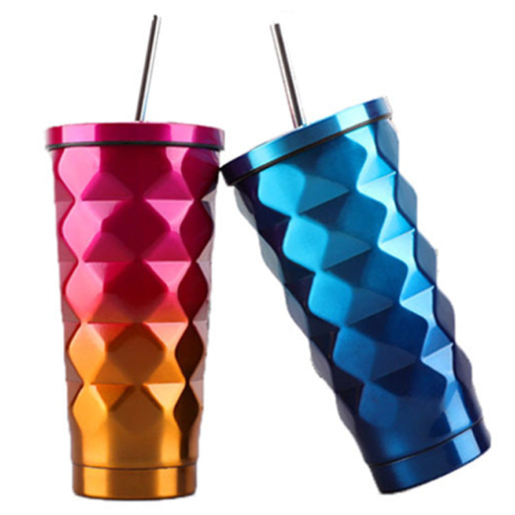 Elegant Diamond Pattern Stainless Steel Thermos with Straw
