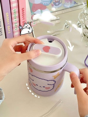 Cartoon Animal Glass Tumbler with Handle and Measurement Markings