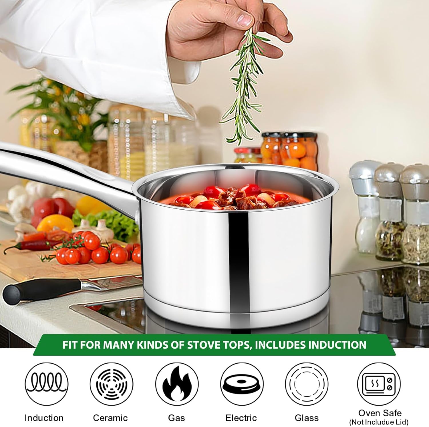 2 Qt Stainless Steel Saucepan with Lid, Tri-Ply Bottom for Induction/Gas/Electric/Ceramic, Dishwasher Safe