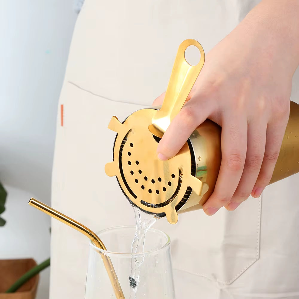 750ML Stainless Steel Boston Cocktail Set Shaker Wine Pourers Gold Bar Tool Set with Strainer Measure Cup Bartender