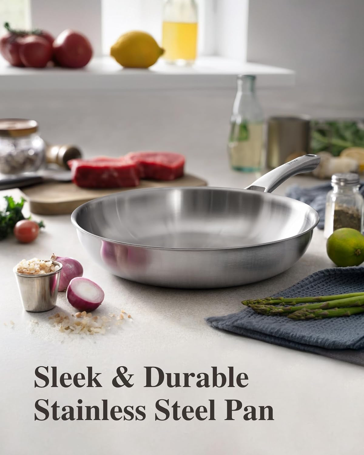 12 Inch Tri-Ply Stainless Steel Frying Pan with Lid, Dishwasher and Oven Safe, Works on Induction, Ceramic and Gas Cooktops