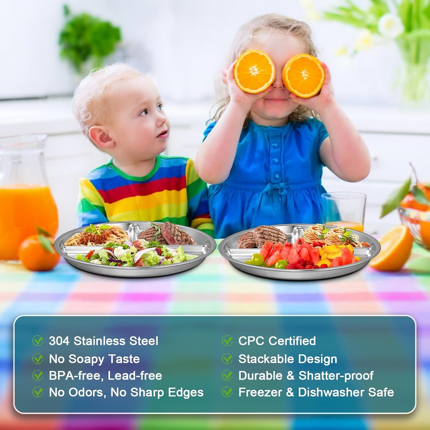 Stainless Steel Toddler Plate Set of 6, 9" Portion Control Plates Divided Plate, Non Slip and Dishwasher Safe