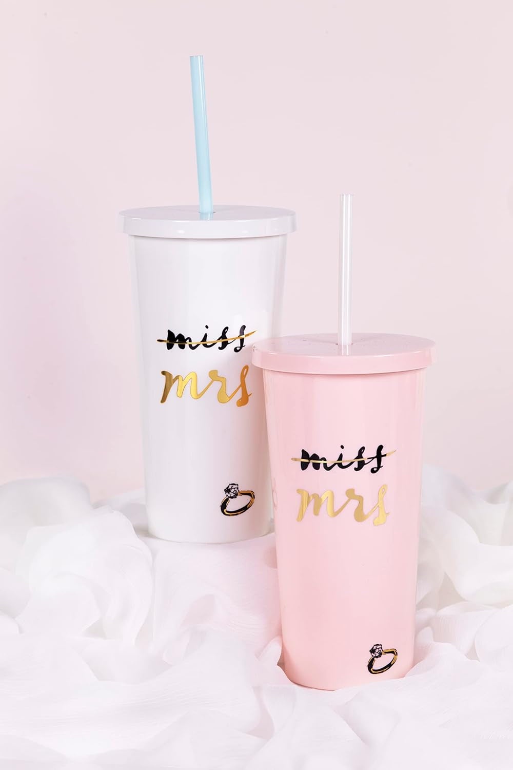 20 Oz Acrylic Bridal Tumbler with Lid and Straw, Slim Double Wall Tumbler, Miss to Mrs. (White)