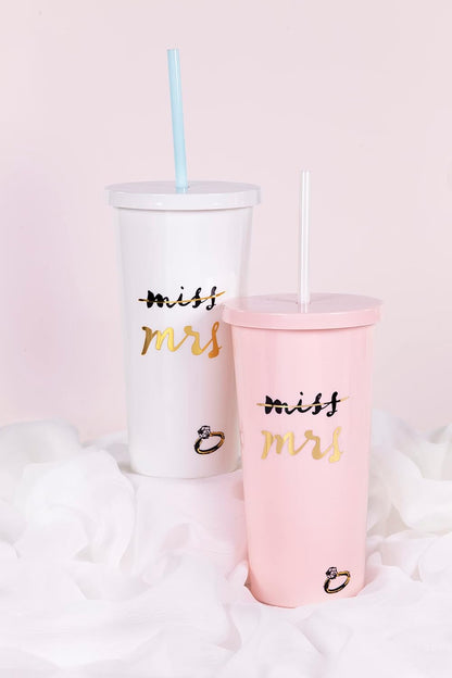 20 Oz Acrylic Bridal Tumbler with Lid and Straw, Slim Double Wall Tumbler, Miss to Mrs. (White)