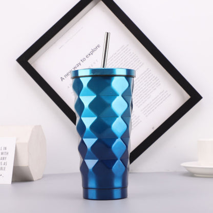 Elegant Diamond Pattern Stainless Steel Thermos with Straw