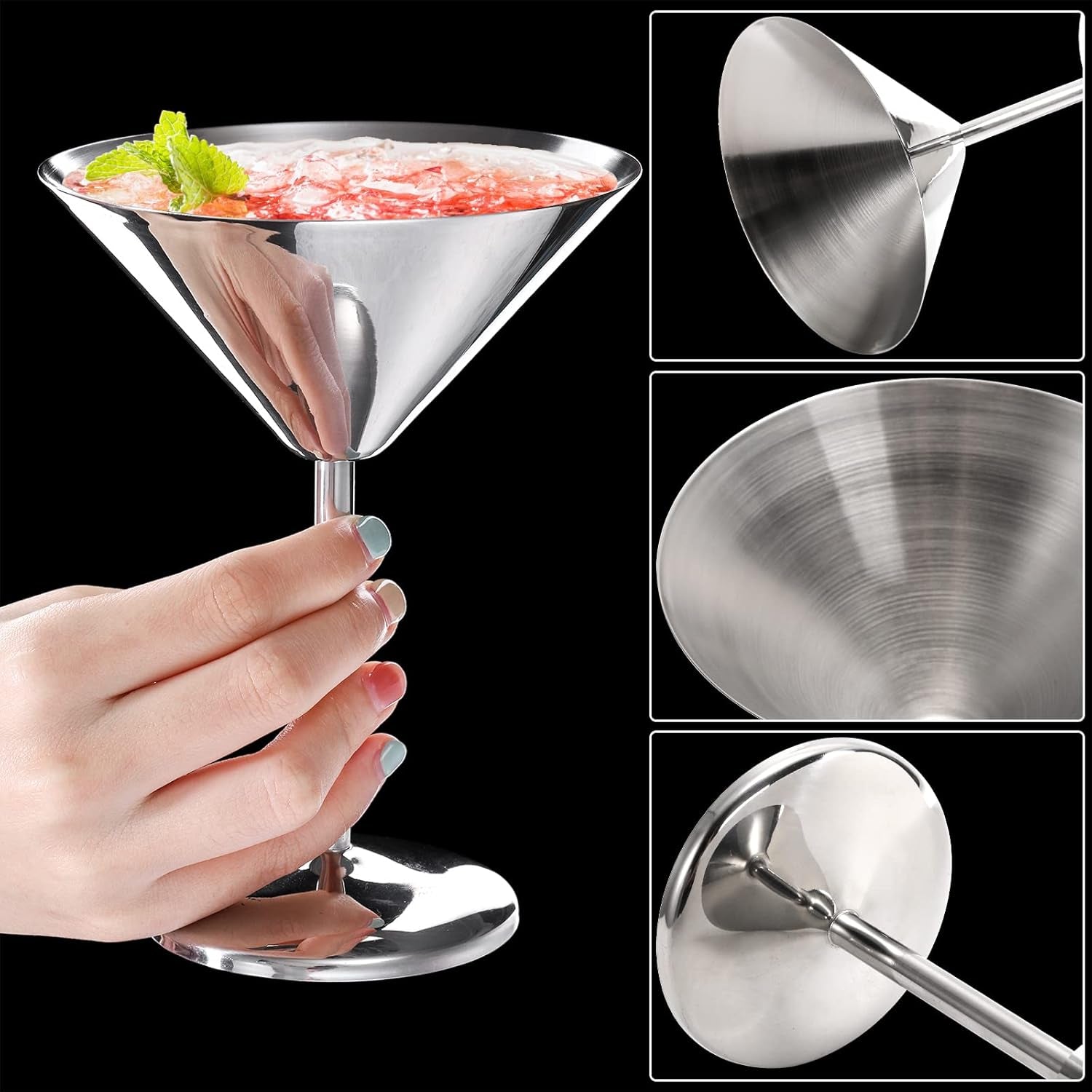 8 Oz Stainless Steel Martini Glasses,  4 Pack , 18/8 Mirror Polished Finish, Shatterproof