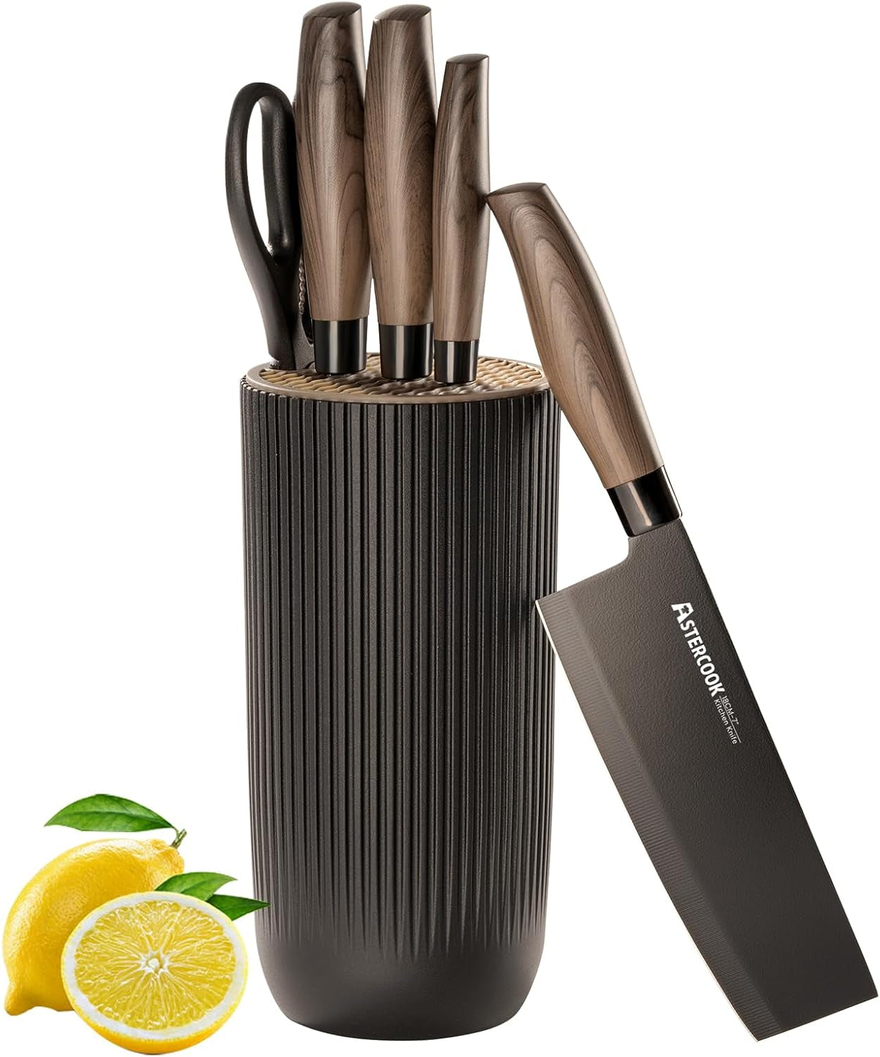6 Piece Black Kitchen Knife Set, Non-Stick Stainless Steel Knife Block Set, Anti-Rust Dishwasher Safe Knife Set with Block