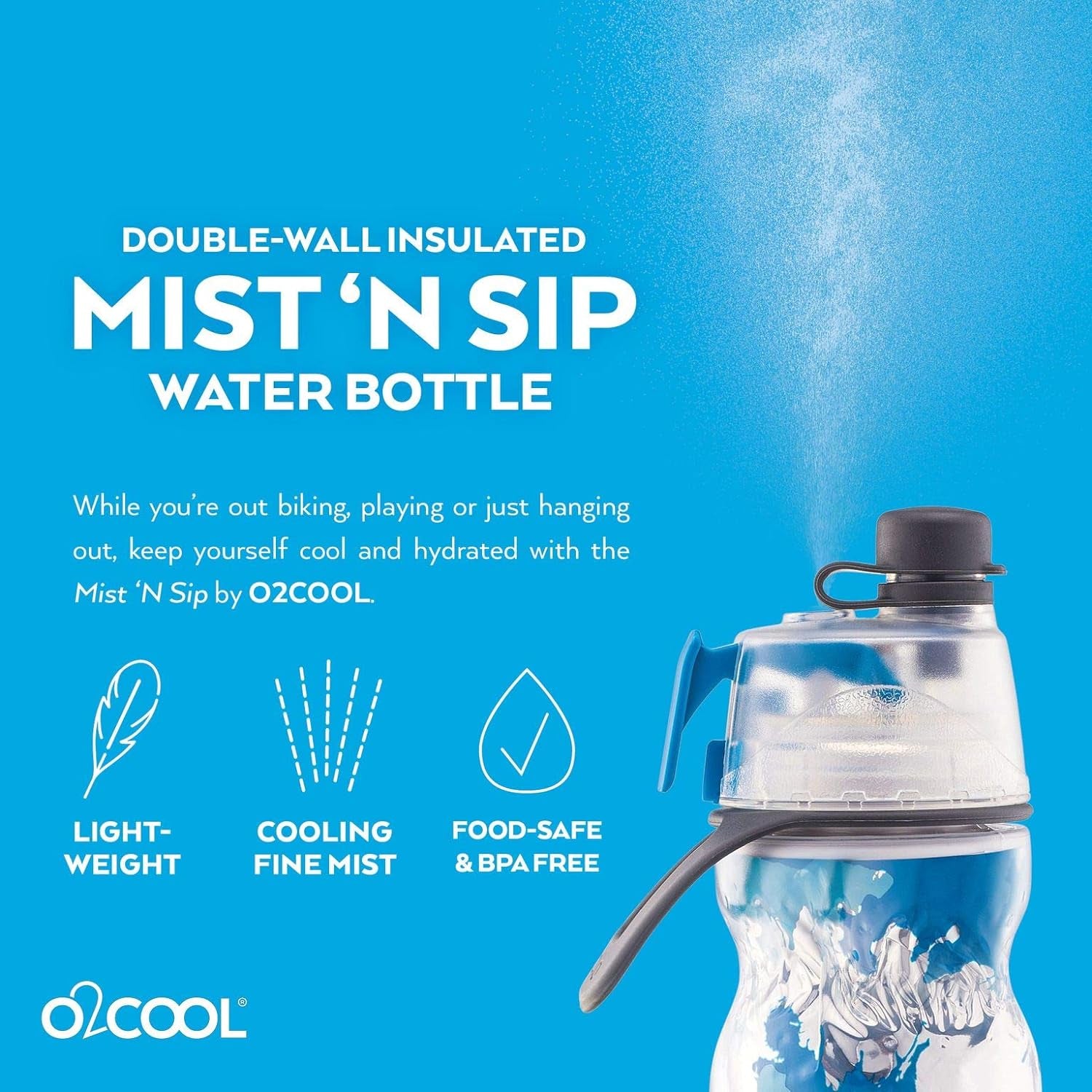 Mist 'N Sip Misting Water Bottle 2-In-1 Mist and Sip Function with No Leak Pull Top Spout Reusable Sports Water Bottle - 20 Oz (2 Pack Splash Blue)