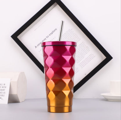 Elegant Diamond Pattern Stainless Steel Thermos with Straw