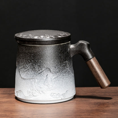 Hand-Crafted Nepal-Style Ceramic Mug with Wooden Handle and Lid