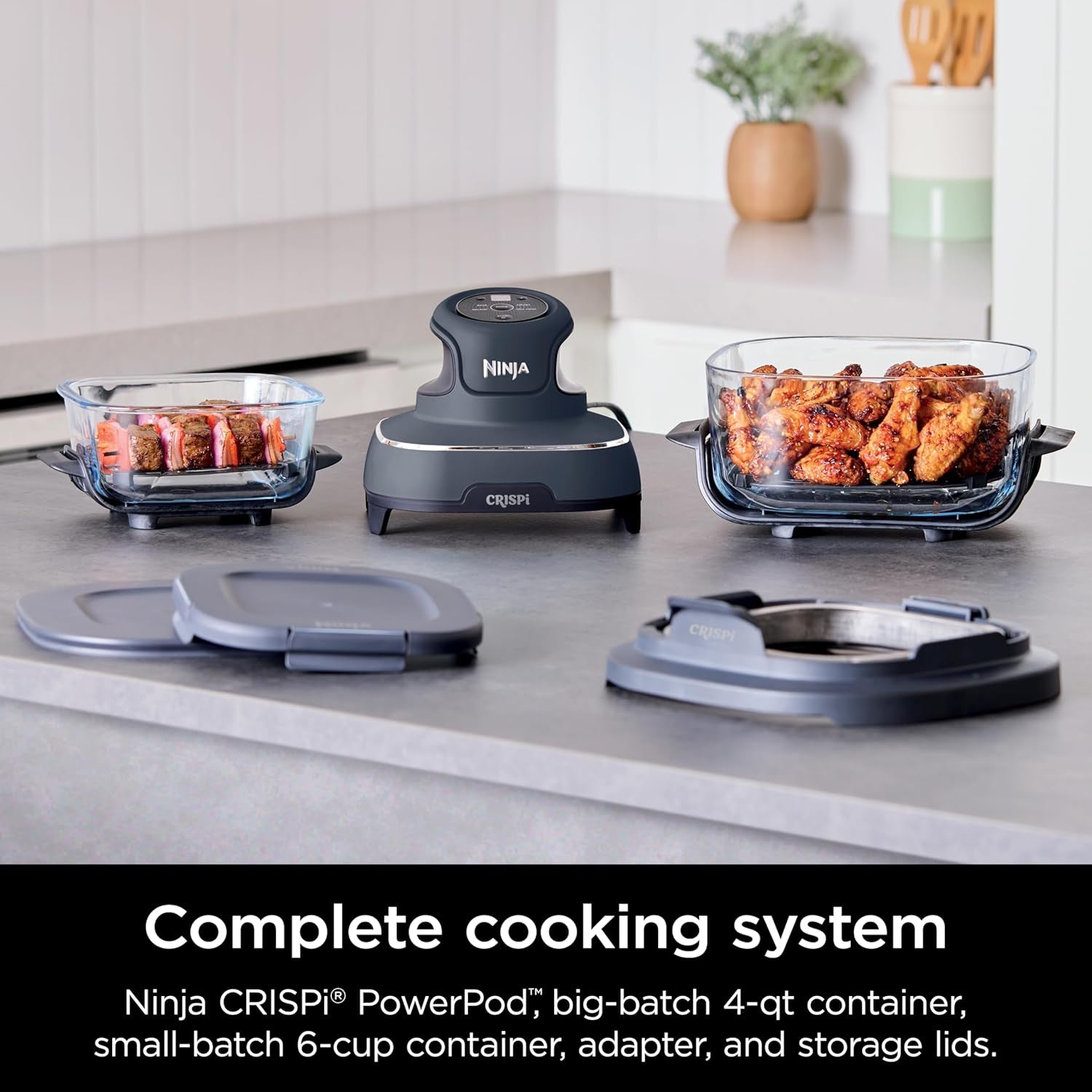 4-In-1 Portable Glass Air Fryer Cooking System, 1500W, 4QT & 6-Cup Tempware Glass Containers with Storage Lids, Microwave, Freezer & Dishwasher Safe, Cyberspace Gray