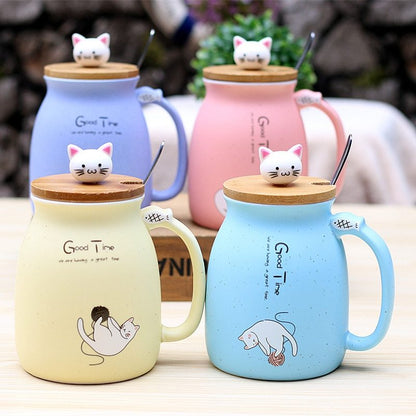 450ml Cartoon Cat Ceramic Mug with Lid & Spoon – Coffee, Tea, Breakfast Cup