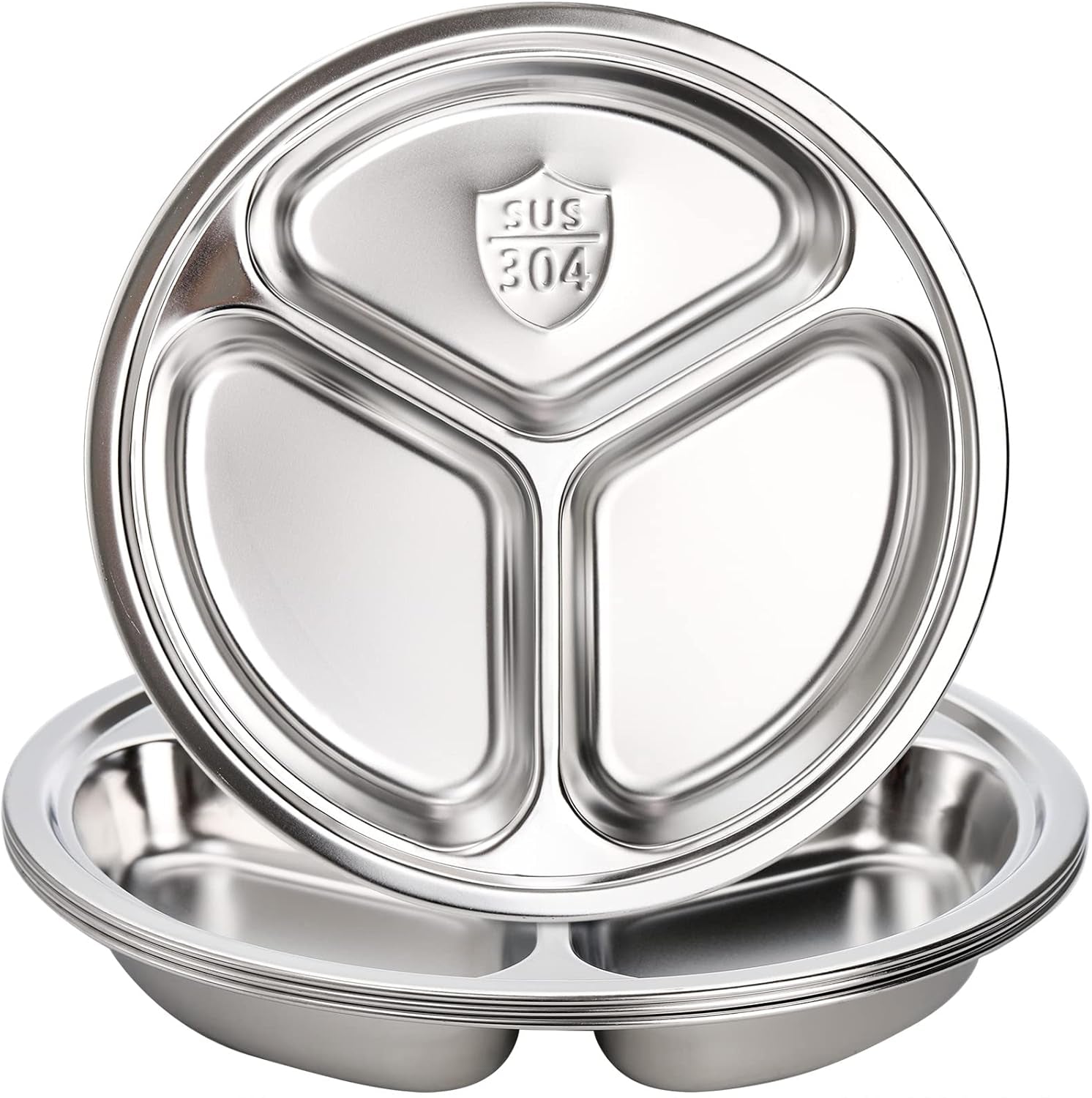 4 Pack Stainless Steel round Divided Plates, 9.5 Inch Dinner Snack Plates with 3 Compartment