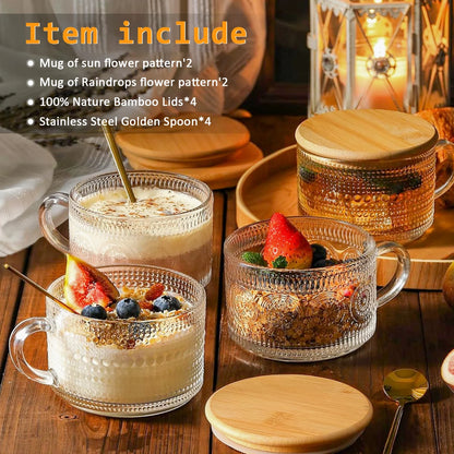 4-Pack 14oz Vintage Glass Coffee Mugs 