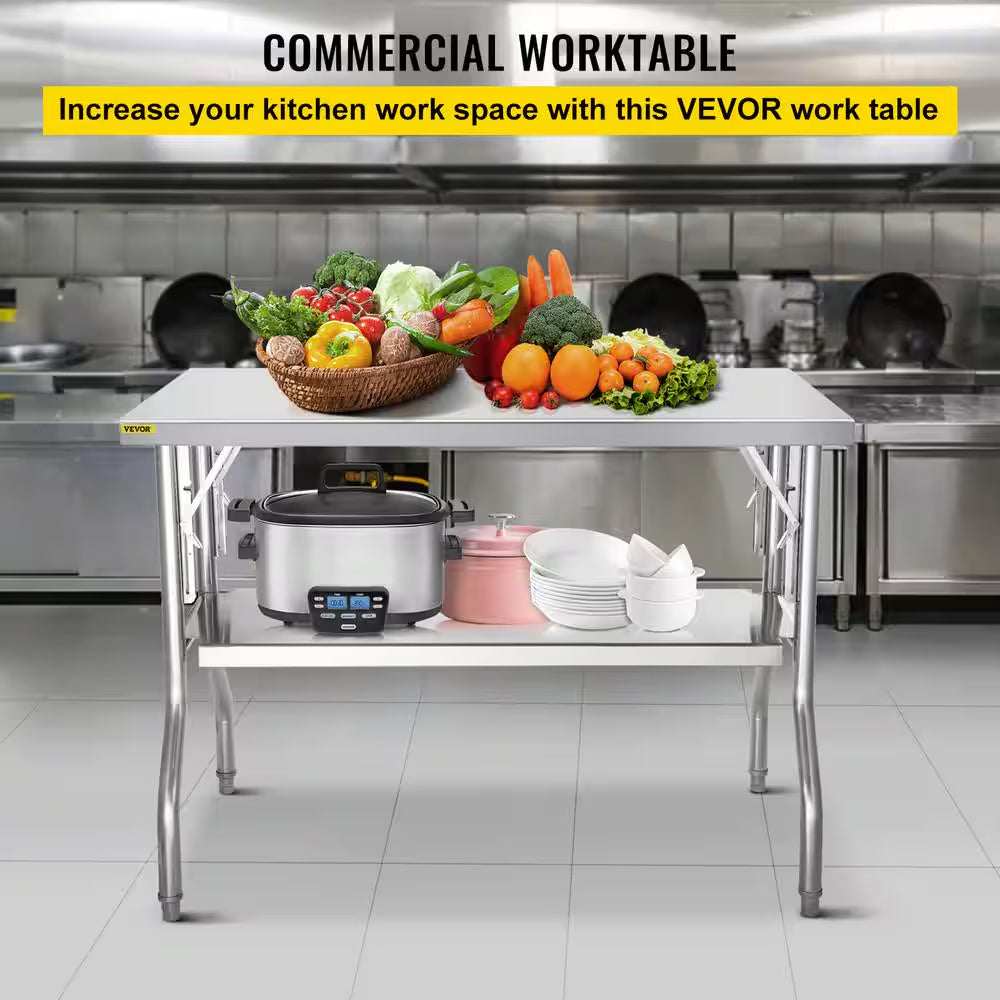 Commercial Worktable Workstation 48 X 24 In. Double-Shelf Stainless Steel Kitchen Utility Table
