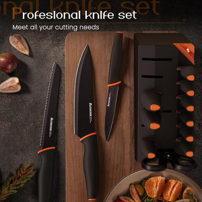 15 Pcs Dishwasher Safe Kitchen Knife Set with Built-In Sharpener, High Carbon German Stainless Steel Black Knife Block Set