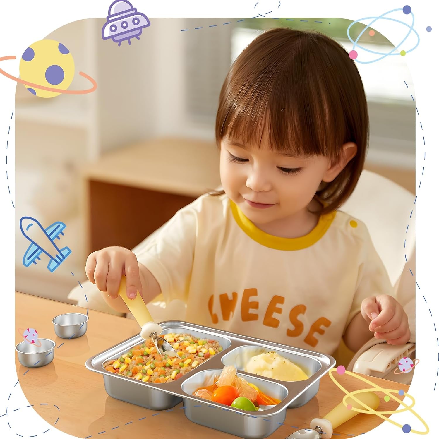 Stainless Steel Divided Plate for Kids Toddler, Non Toxic Portion Control Plate Dinner Plate with Lid, 2 Pack 3 Sections Rectangular Snack Plate