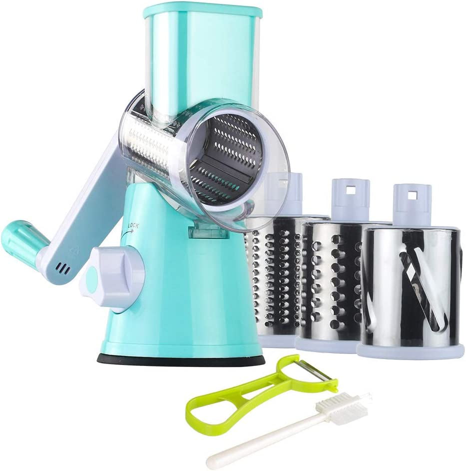 Rotary Cheese & Veggie Grater with 3 Blades – Hand Crank Slicer