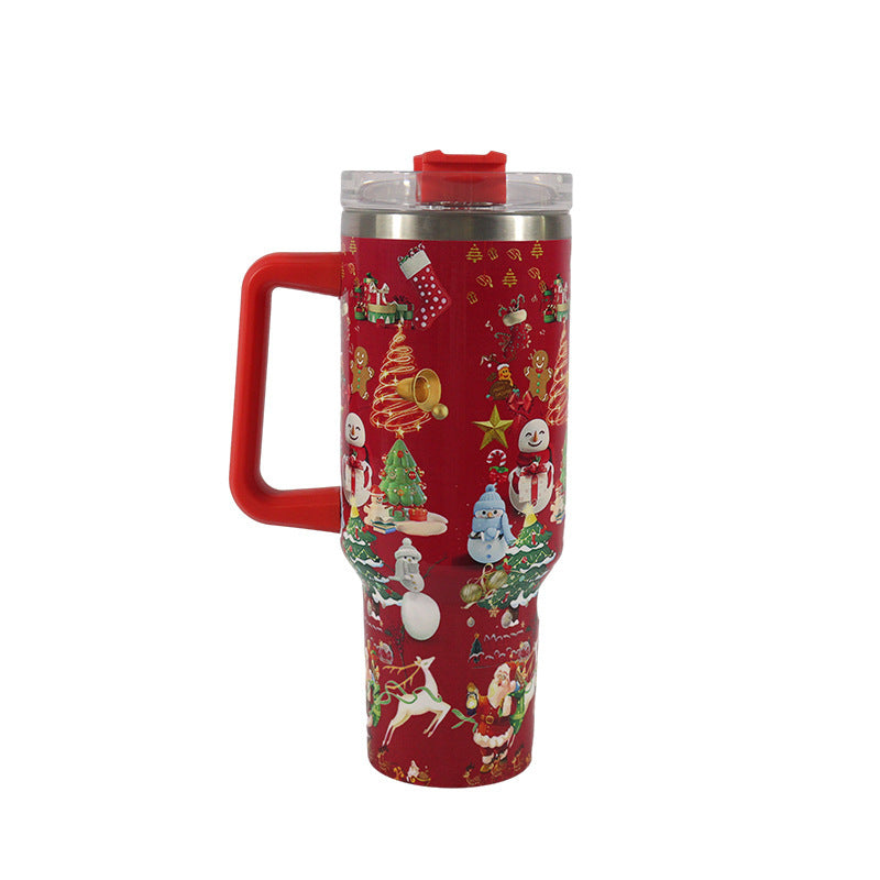 Christmas Stainless Steel Tumbler with Handle, Lid & Straw