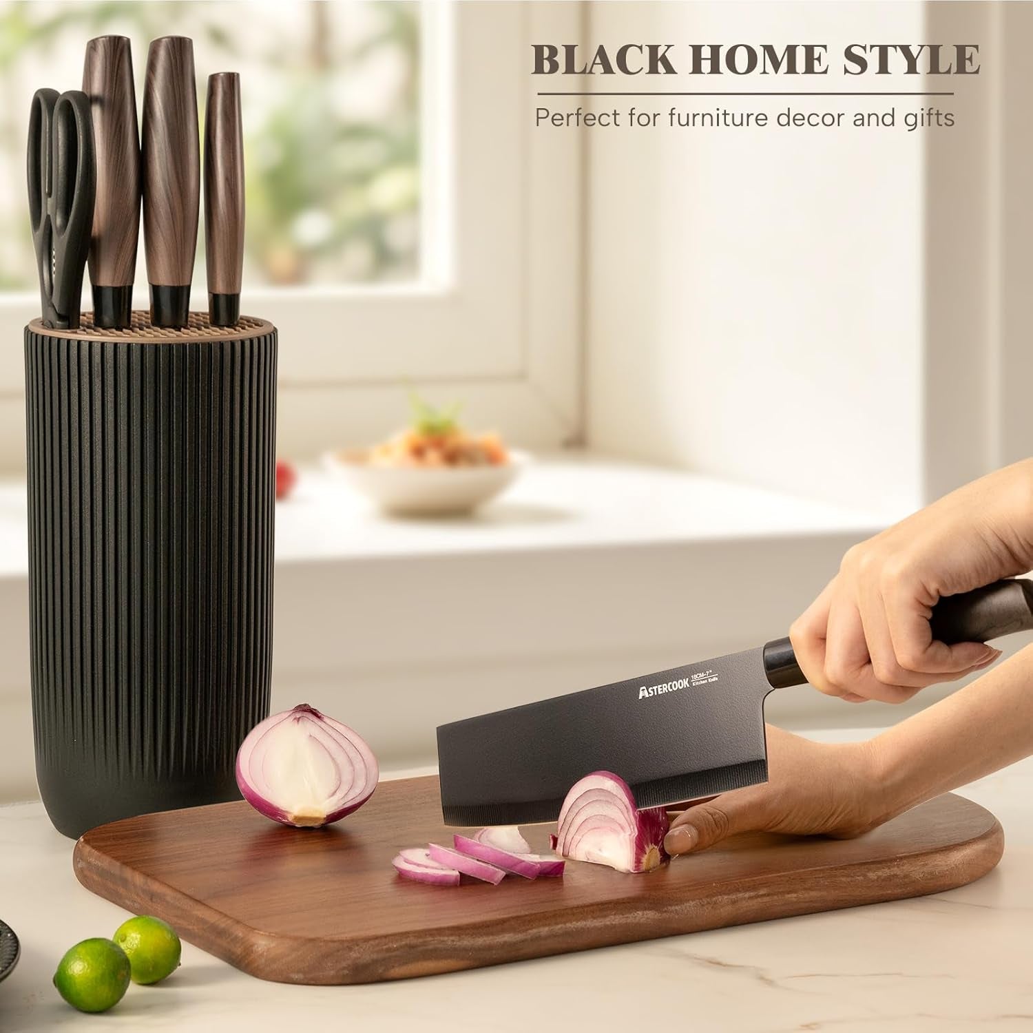 6 Piece Black Kitchen Knife Set, Non-Stick Stainless Steel Knife Block Set, Anti-Rust Dishwasher Safe Knife Set with Block