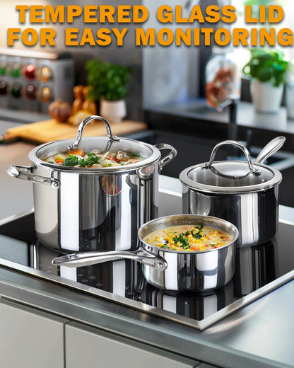 Stainless Steel Stock Pot, 8-Quart Multi-Ply Clad Cooking Canning Pot with Lid, Induction Stockpot, Silver