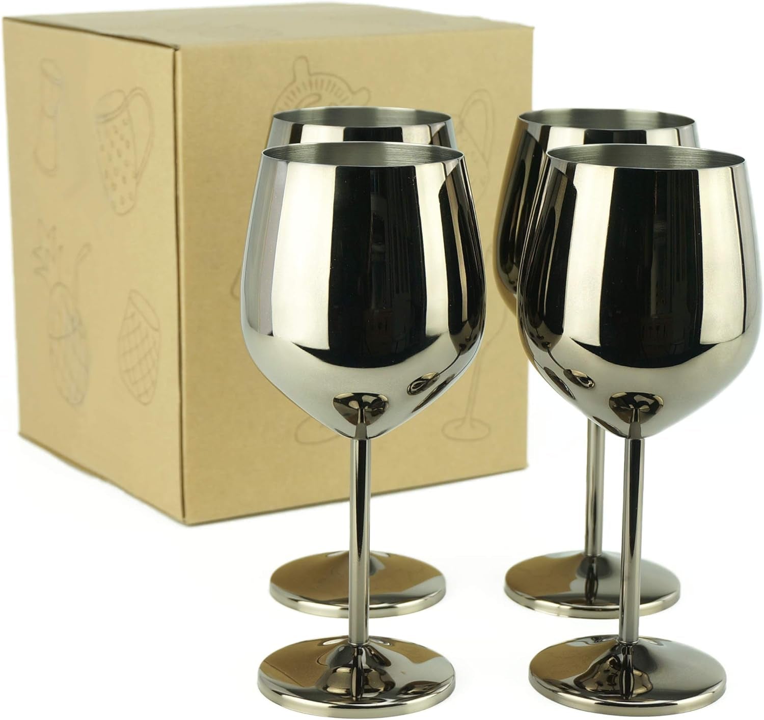 18.5 oz. Set of 4 Stainless Steel Wine Glasses - Black Unbreakable Stem Metal Wine Goblets