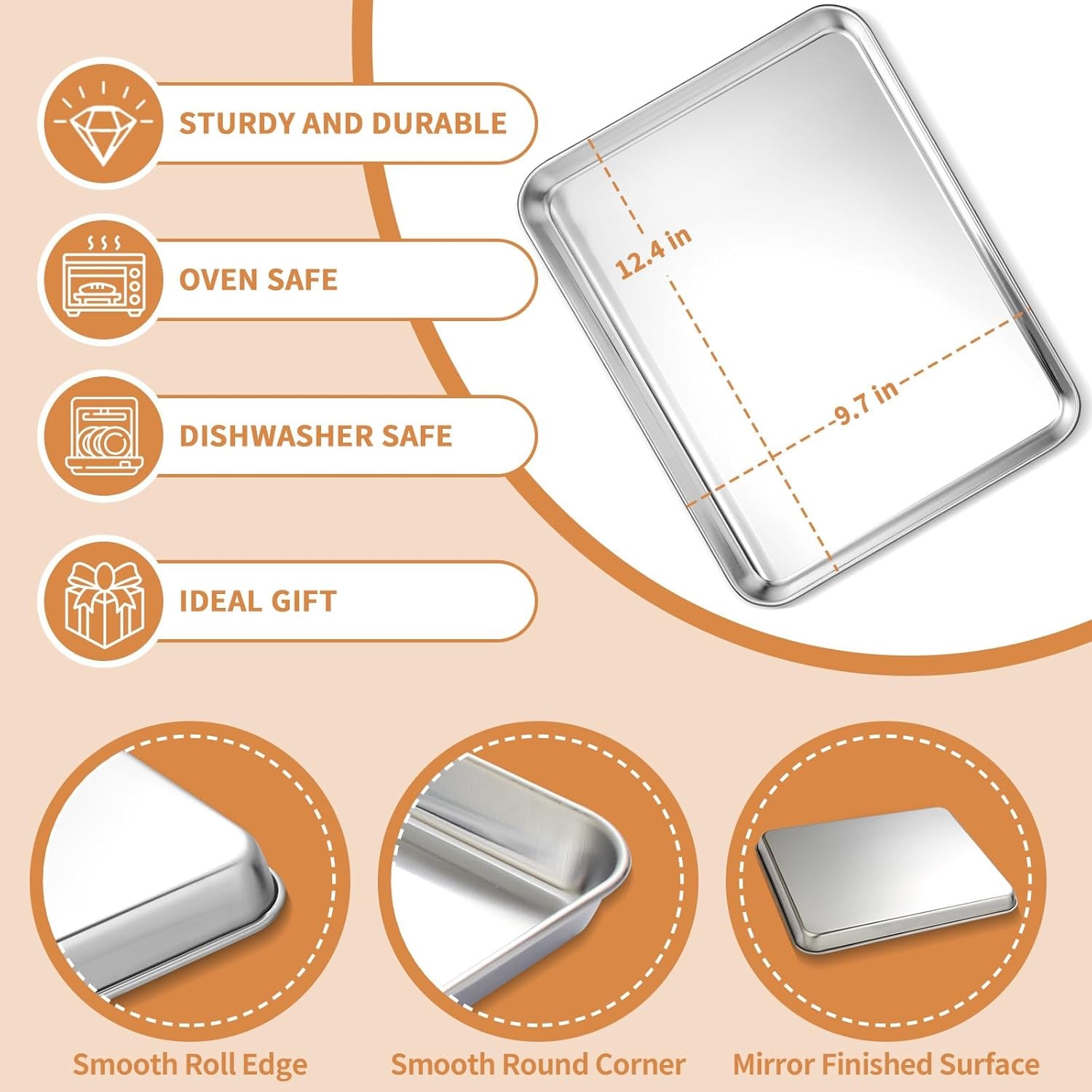 Stainless Steel Baking Sheet Set of 2,  Non Toxic & Heavy Duty, Rust Free & Mirror Finish, Dishwasher Safe, 12 X 10 X 1 Inch