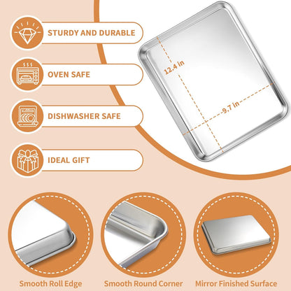 Stainless Steel Baking Sheet Set of 2,  Non Toxic & Heavy Duty, Rust Free & Mirror Finish, Dishwasher Safe, 12 X 10 X 1 Inch
