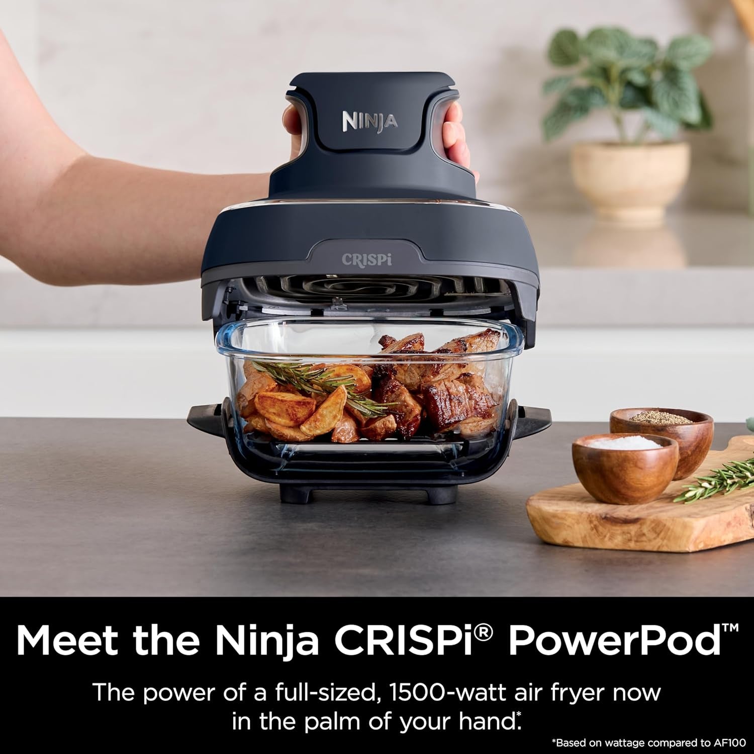 4-In-1 Portable Glass Air Fryer Cooking System, 1500W, 4QT & 6-Cup Tempware Glass Containers with Storage Lids, Microwave, Freezer & Dishwasher Safe, Cyberspace Gray