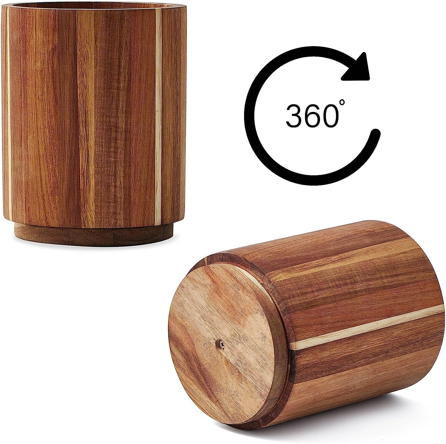 Acacia Wood Utensil Holder for Kitchen Counter, 360° Rotating 7.2" Wooden Cooking Utensil Crock for Countertop