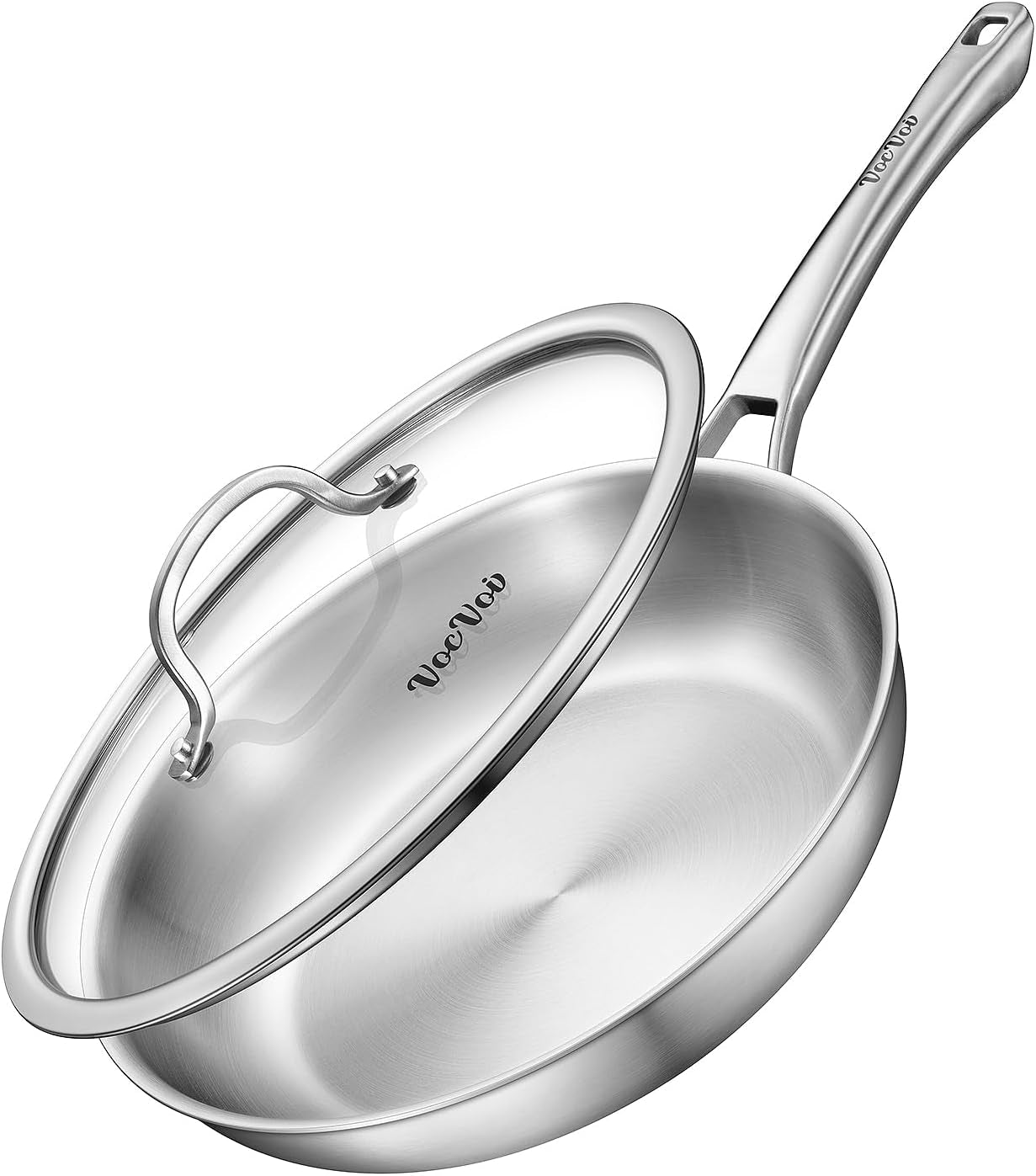 12 Inch Tri-Ply Stainless Steel Frying Pan with Lid, Dishwasher and Oven Safe, Works on Induction, Ceramic and Gas Cooktops