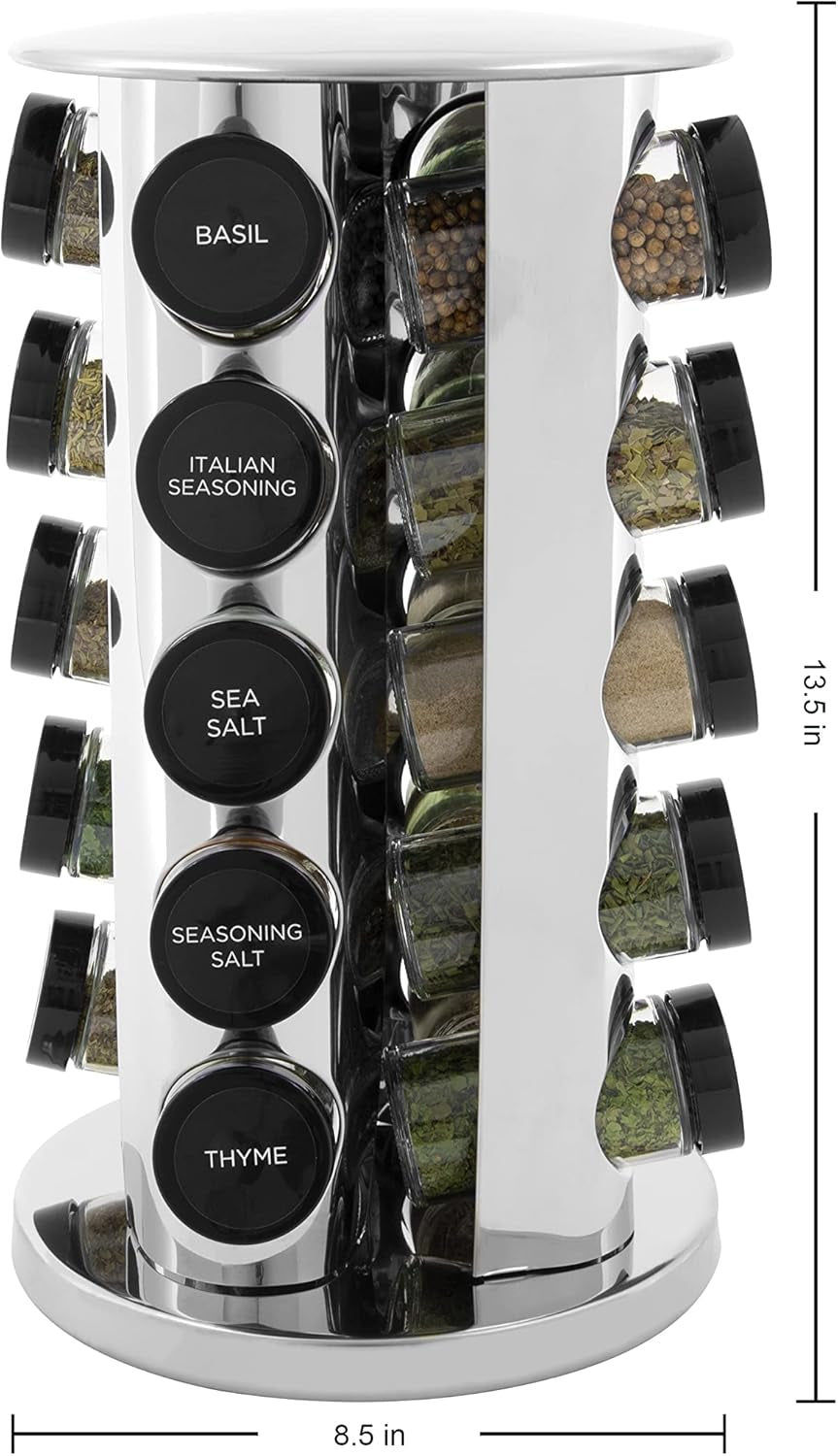 20 Jar Revolving Countertop Spice Rack with Spices Included, FREE Spice Refills for 5 Years, Polished Stainless Steel with Black Caps