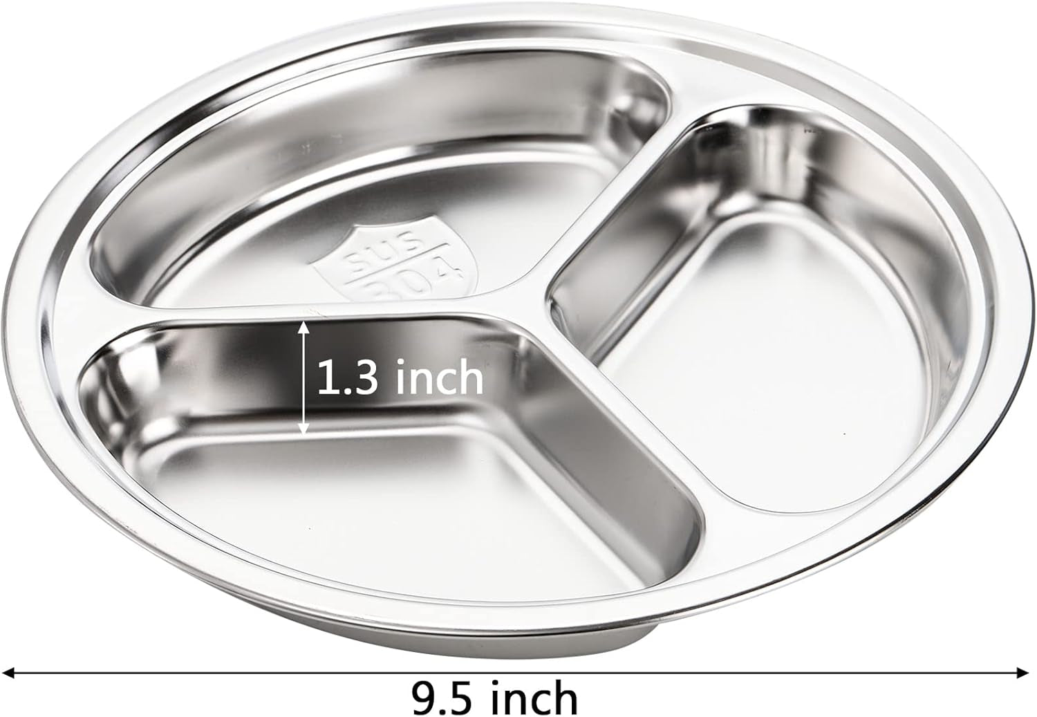 4 Pack Stainless Steel round Divided Plates, 9.5 Inch Dinner Snack Plates with 3 Compartment