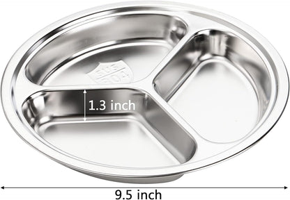 4 Pack Stainless Steel round Divided Plates, 9.5 Inch Dinner Snack Plates with 3 Compartment