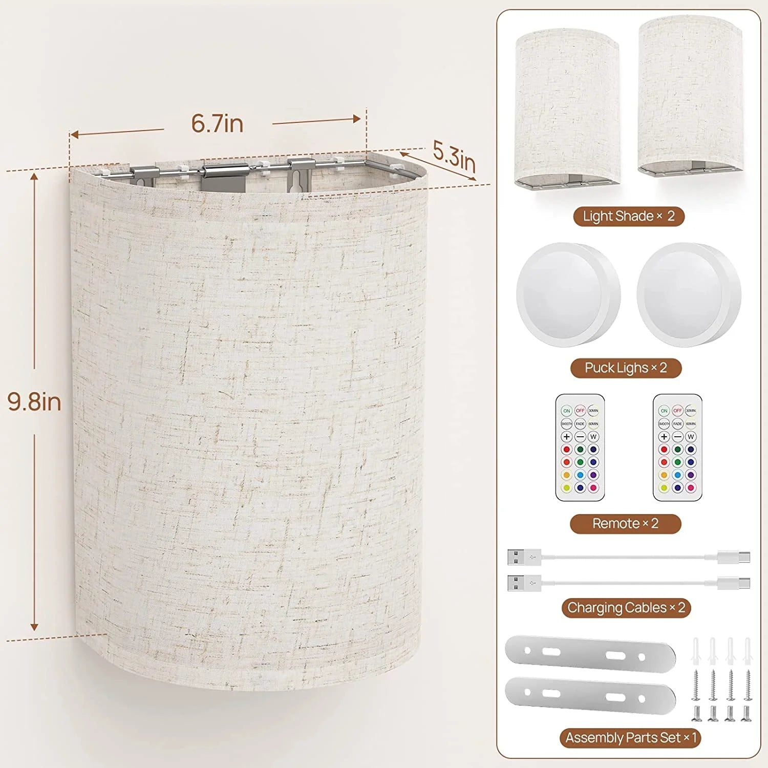 Dimmable 2-Light LED Fabric Linen Shade Bedroom Battery Operated Wall Sconces (2 Count)