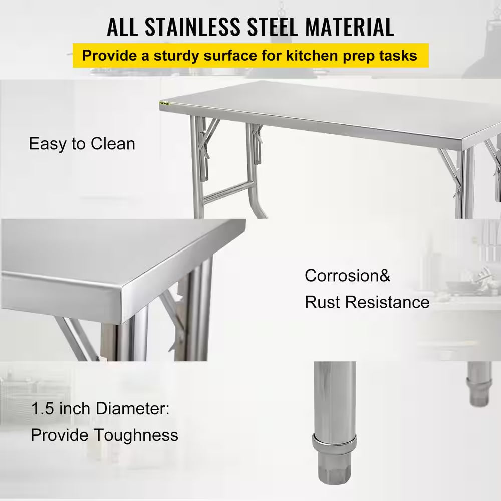 48" X 30" Silver Stainless Steel Table Heavy-Duty Folding Table with 220 Lb. Load