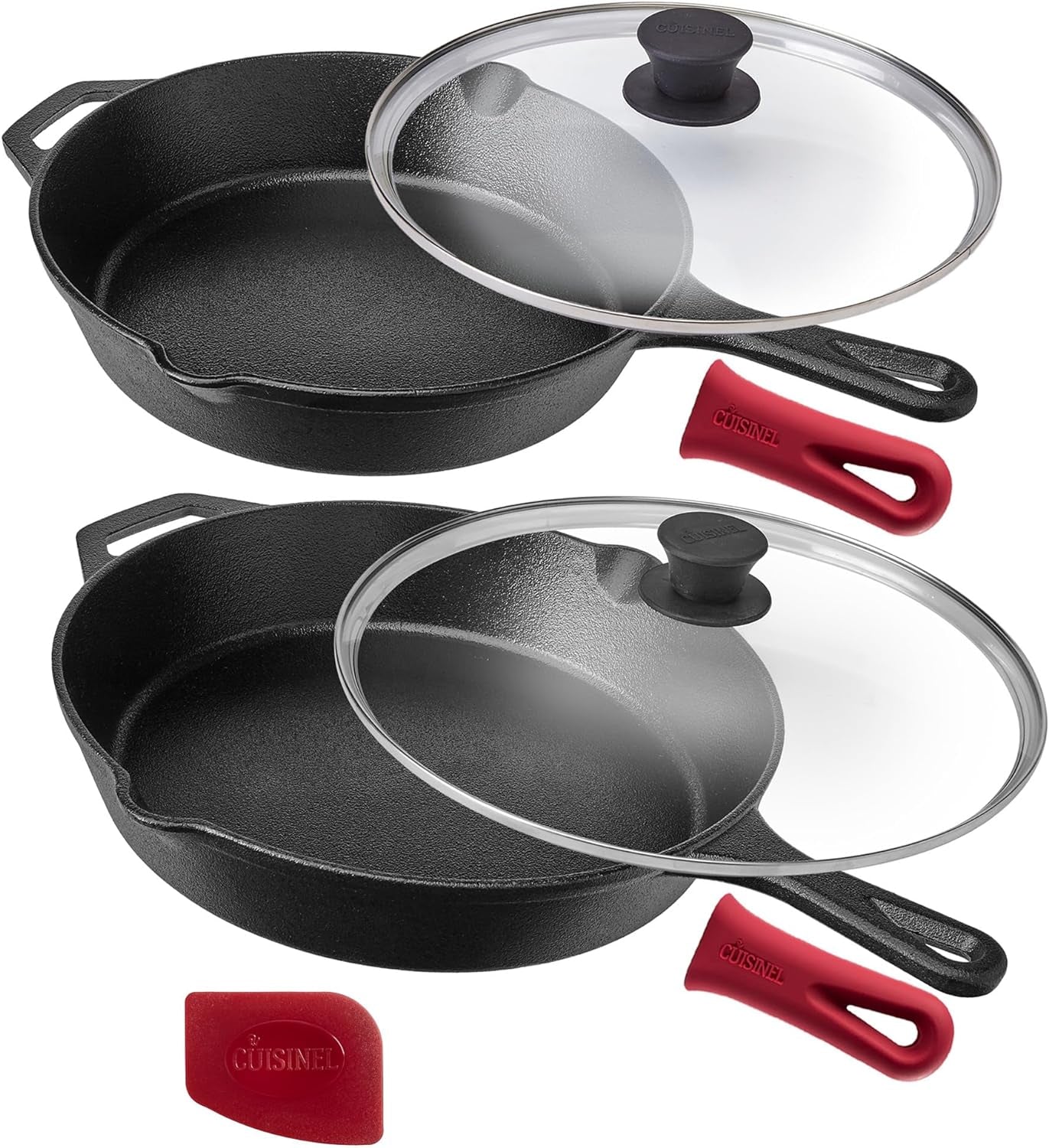 Cast Iron Skillet Set 10" & 12" Frying Pans with Glass Lids & Silicone Handle Grips