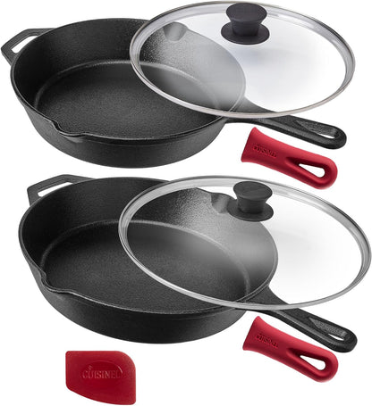Cast Iron Skillet Set 10" & 12" Frying Pans with Glass Lids & Silicone Handle Grips