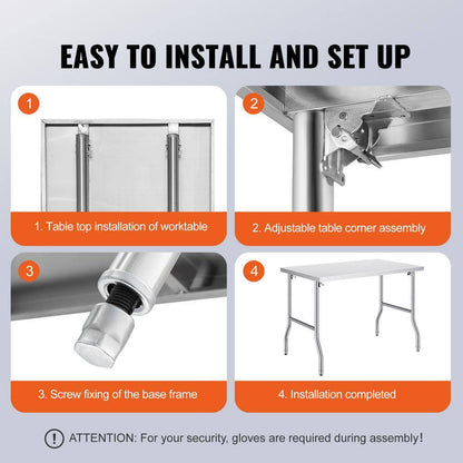 48 X 30 Inches Folding Table Stainless Steel with Heavy-Duty Workstation, 300 Lbs. Load