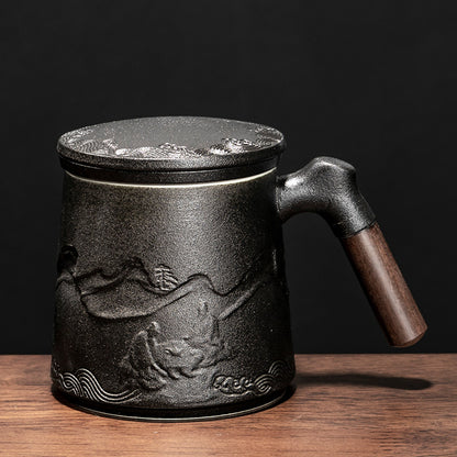 Hand-Crafted Nepal-Style Ceramic Mug with Wooden Handle and Lid