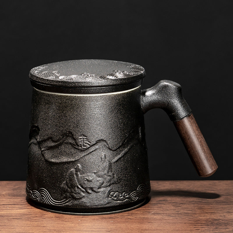 Hand-Crafted Nepal-Style Ceramic Mug with Wooden Handle and Lid
