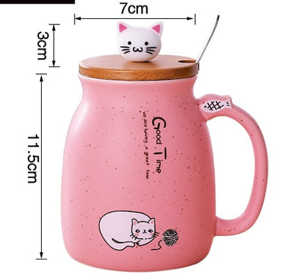 450ml Cartoon Cat Ceramic Mug with Lid & Spoon – Coffee, Tea, Breakfast Cup