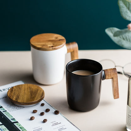 Nordic Minimalist Ceramic Mug with Wooden Handle and Lid