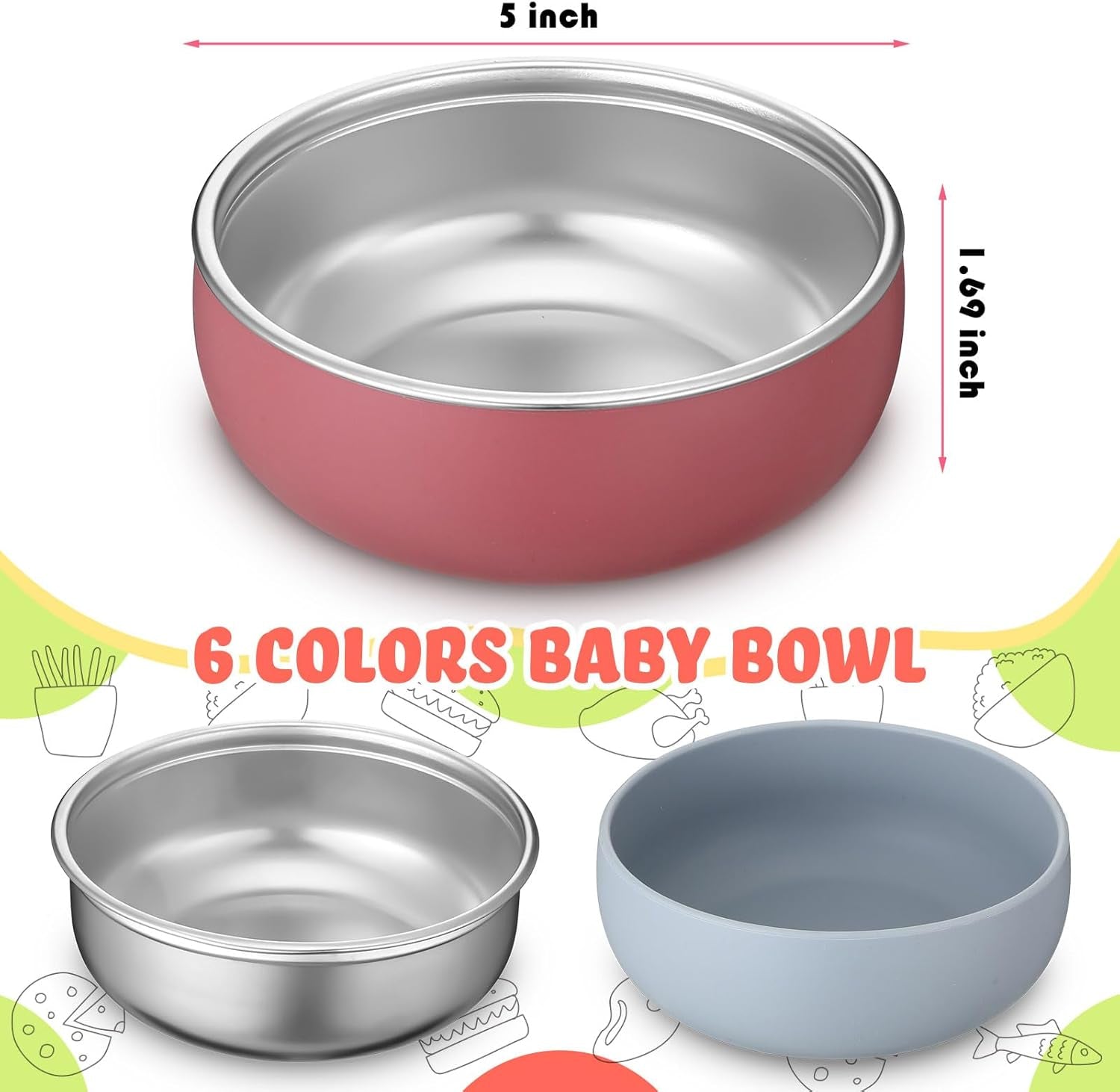 6 Pcs Stainless Steel Baby Bowls with Removable Silicone Shell for Kids, Dishwasher Safe