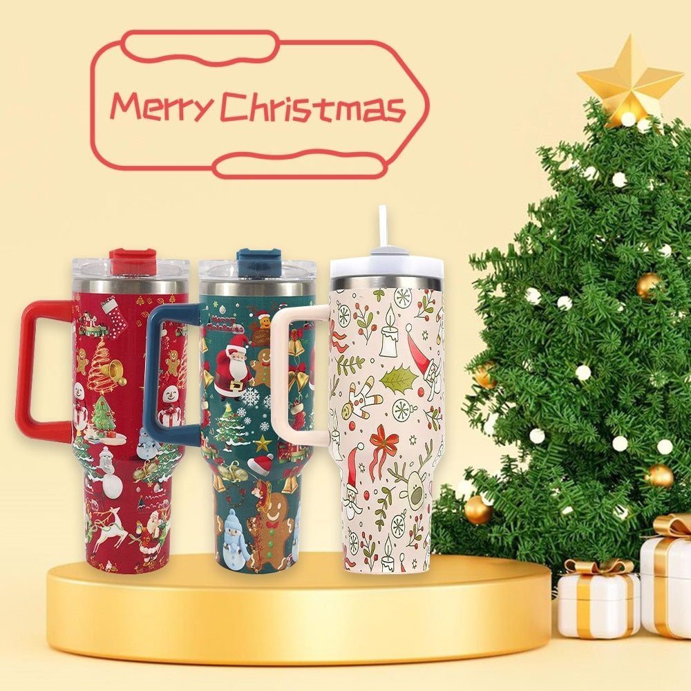 Christmas Stainless Steel Tumbler with Handle, Lid & Straw