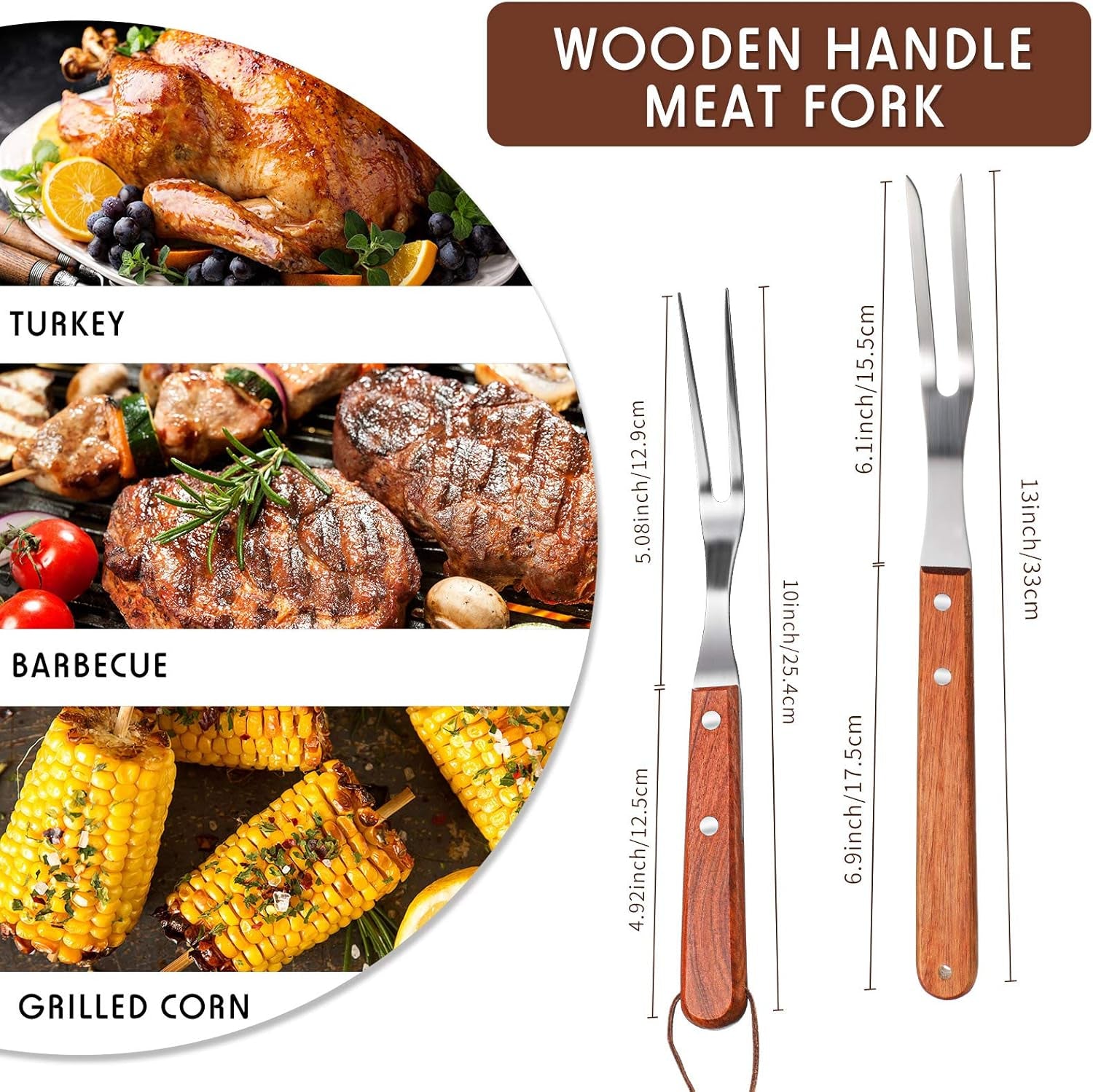 2 Pieces Meat Forks Stainless Steel Carving Fork with Rosewood Handle for Kitchen Barbecue (13 Inch,10 Inch)