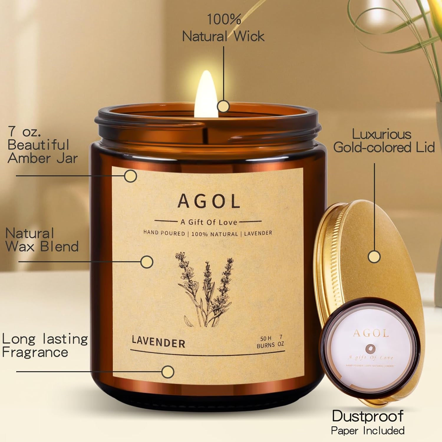 Scented Candles for Home, Luxury Amber Jar Aromatherapy Candle, All-Natural Soy Candles, 50 Hour Long Lasting Candle